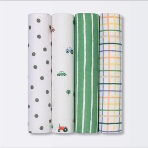 Set of 4 Green & White Printed Flannel Swaddle/Receiving Cloths Cloud Island